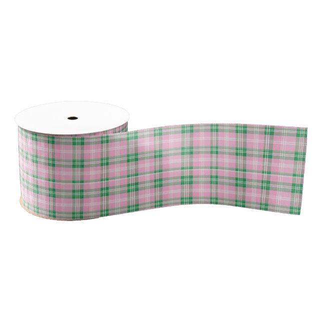 Pretty Pink And Green Plaid Checkered Pattern  Grosgrain Ribbon (Spool)