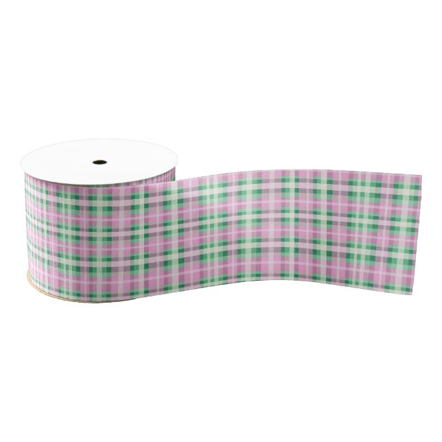 Pretty Pink And Green Plaid Checkered Pattern  Grosgrain Ribbon (Spool)