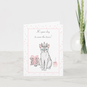 Pretty Pink and Grey Cat in a Tiara Birthday Card