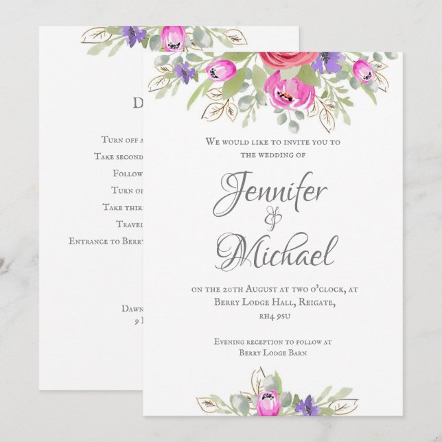 pretty, pink and lilac watercolour  tulip floral invitation (Front/Back)