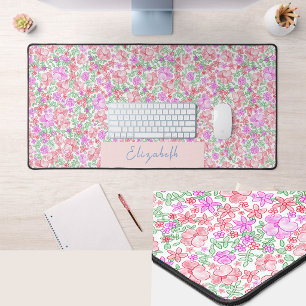 Pretty Pink and Orange Floral Custom Name Desk Mat