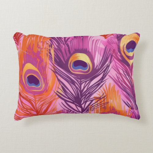 Pretty Pink and Orange Peacock Feather Pattern Accent Pillow