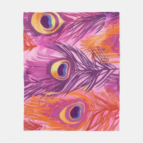 Pretty Pink and Orange Peacock Feather Pattern Fleece Blanket