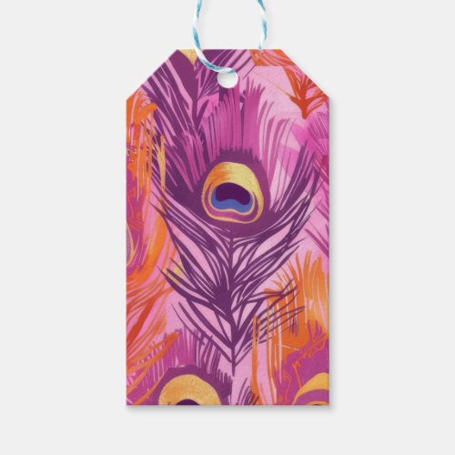 Pretty Pink and Orange Peacock Feather Pattern Gift Tags