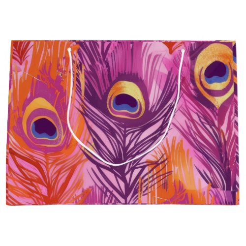 Pretty Pink and Orange Peacock Feather Pattern Large Gift Bag