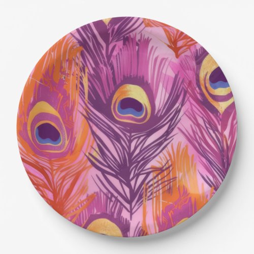 Pretty Pink and Orange Peacock Feather Pattern Paper Plates
