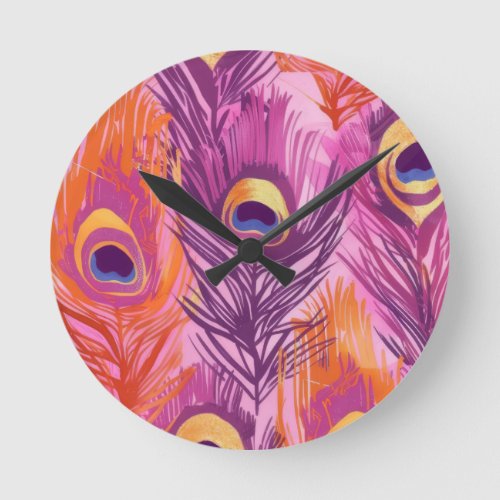 Pretty Pink and Orange Peacock Feather Pattern Round Clock