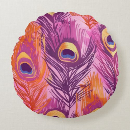 Pretty Pink and Orange Peacock Feather Pattern Round Pillow