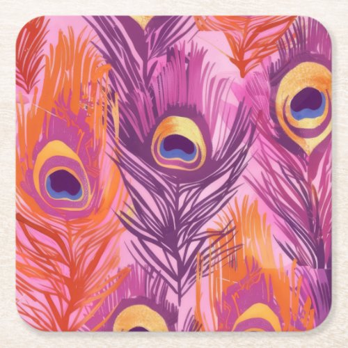 Pretty Pink and Orange Peacock Feather Pattern Square Paper Coaster