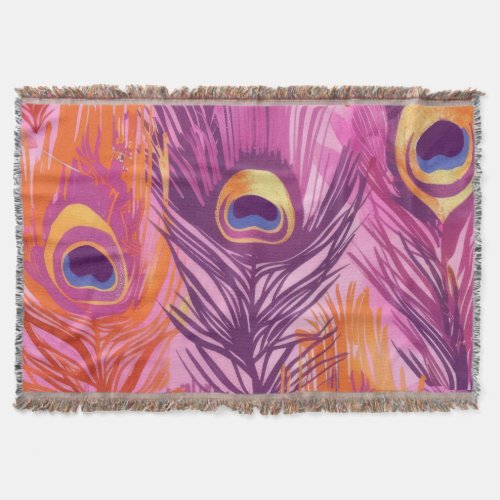 Pretty Pink and Orange Peacock Feather Pattern Throw Blanket