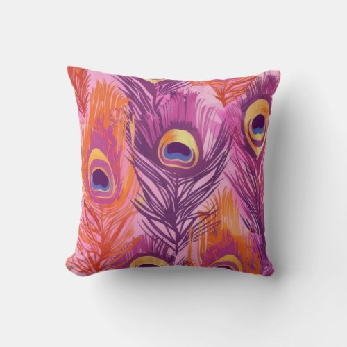 Pretty Pink and Orange Peacock Feather Pattern Throw Pillow