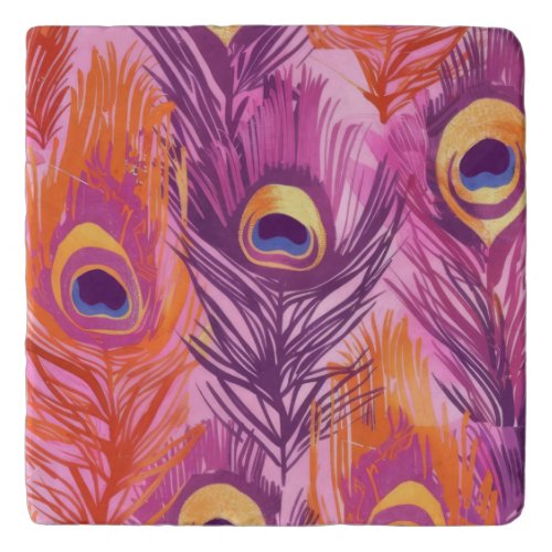 Pretty Pink and Orange Peacock Feather Pattern Trivet