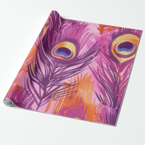 Pretty Pink and Orange Peacock Feather Pattern Wrapping Paper