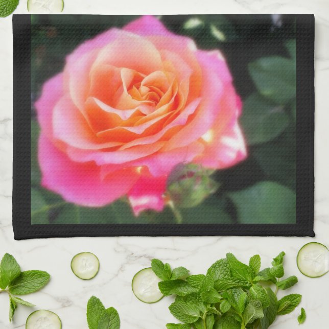 Pretty Pink and Orange Rose Macro Photo  Kitchen Towel (Folded)
