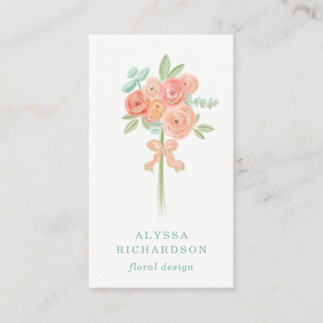 Pretty Pink and Peach Flowers with Gold Business Card (Front)