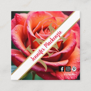 Pretty Pink and Peach Rose AI Generated Square Business Card
