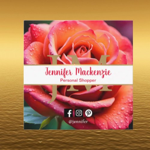Pretty Pink and Peach Rose AI Generated  Square Business Card