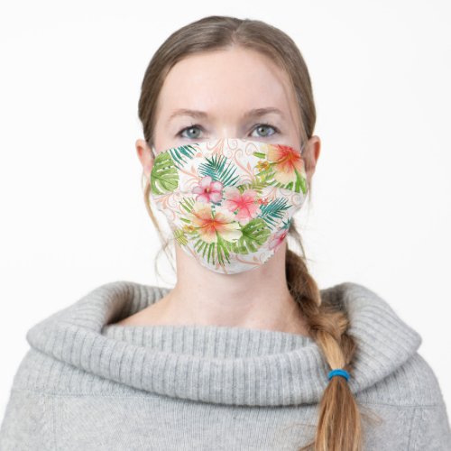 Pretty Pink and Peach Tropical Flowers Patterned Adult Cloth Face Mask