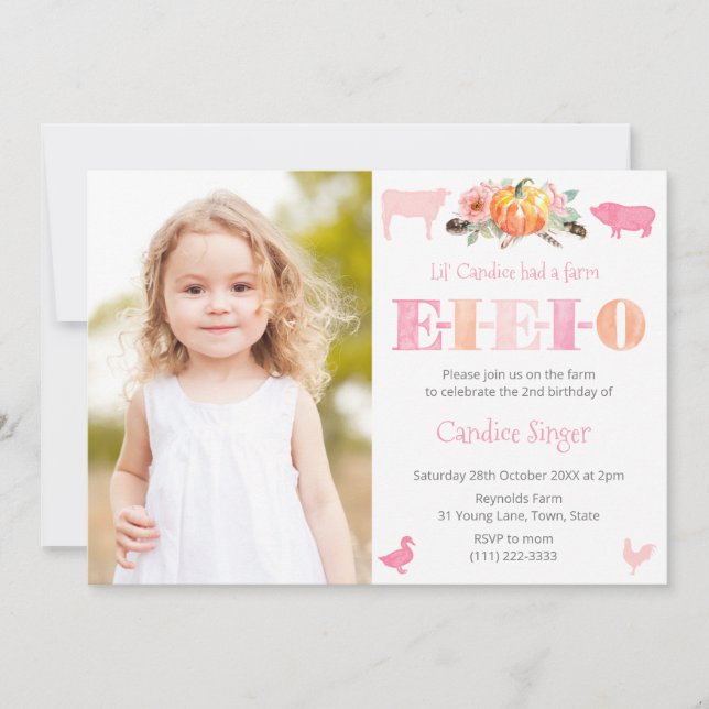 Pretty Pink And Pumpkins Farm Girl Birthday Party Invitation (Front)