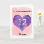 Pretty Pink and Purple 12th Birthday Granddaughter Card<br><div class="desc">A personalized pink and purple 12th birthday card for granddaughter that features watercolor heart against pink water color. You can personalize the heart with the age you need and add her name underneath the heart. The inside message can be easily edited if wanted. The back of the card says Happy...</div>