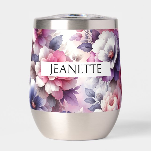 Pretty Pink and Purple Floral Personalized Thermal Wine Tumbler (Front)