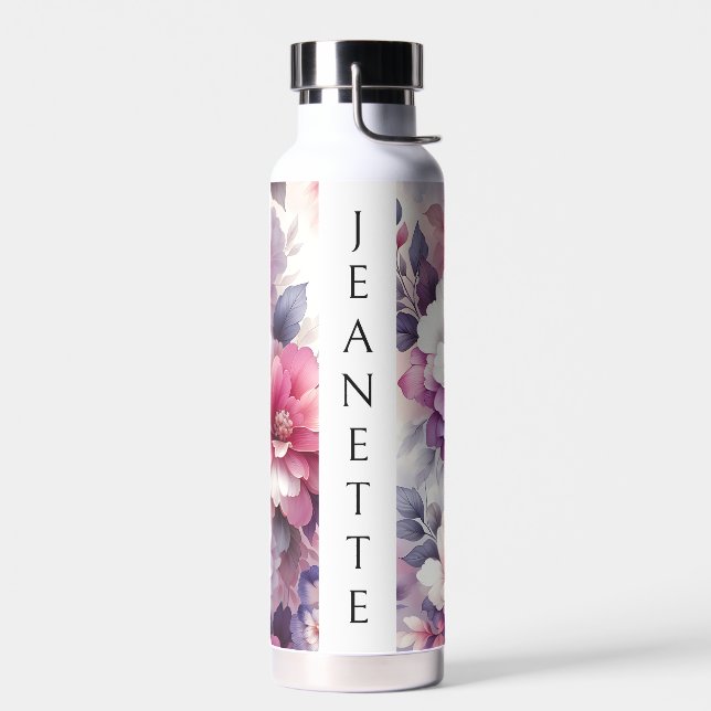 Pretty Pink and Purple Floral Personalized Water Bottle (Left)