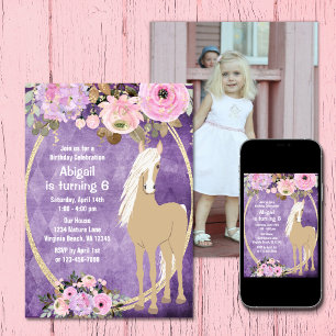 Pretty Pink and Purple Flower Photo Horse Birthday Invitation