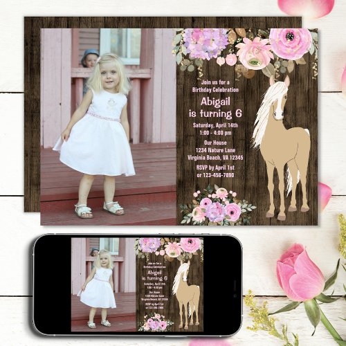 Pretty Pink and Purple Flower Photo Horse Birthday Invitation