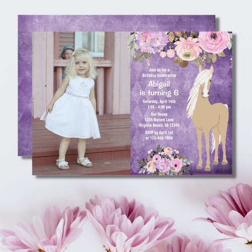 Pretty Pink and Purple Flower Photo Horse Birthday Invitation