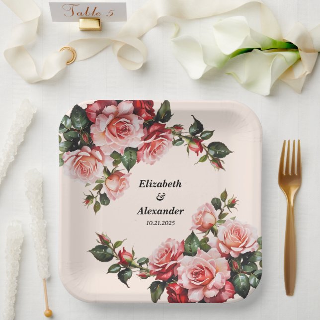 Pretty pink and red roses wedding paper plates (Wedding)