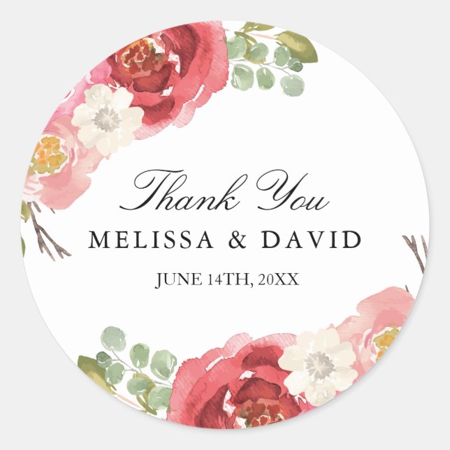 Pretty Pink and Red Watercolour Flower Thank You Classic Round Sticker (Front)