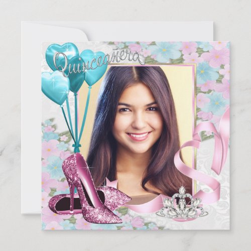 Pretty Pink and Teal Blue Tiara Photo Quinceanera Invitation