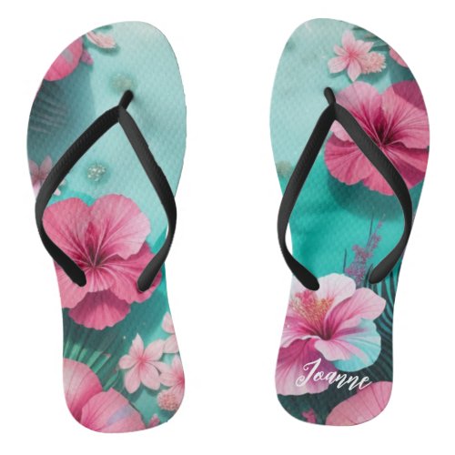 Pretty Pink and Teal Watercolor Hibiscus  Flip Flops