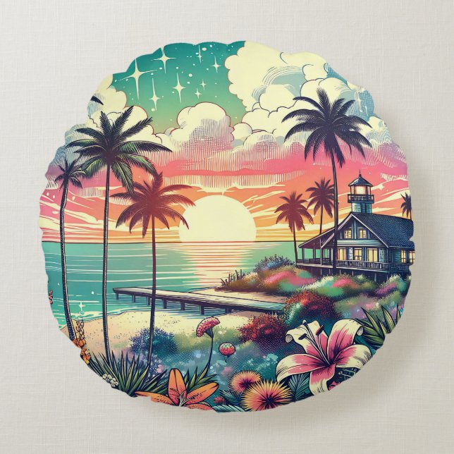 Pretty Pink and Turquoise Coastal  Round Pillow (Front)