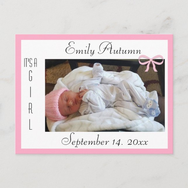 Pretty Pink and White Birth Announcement Postcard (Front)