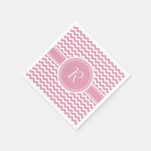 Pretty Pink and White Chevron Striped Monogram Paper Napkins (Corner)