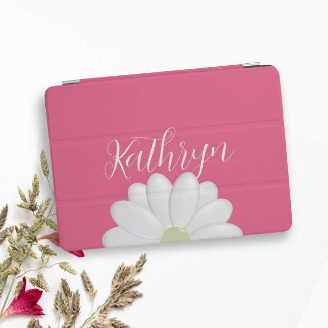 Pretty Pink and White Daisy Flower Custom Name  iPad Pro Cover (A pretty pink and white daisy iPad cover with space for your name)