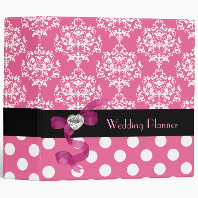 Pretty Pink and White Damask Wedding Planner Binder (Front/Spine)
