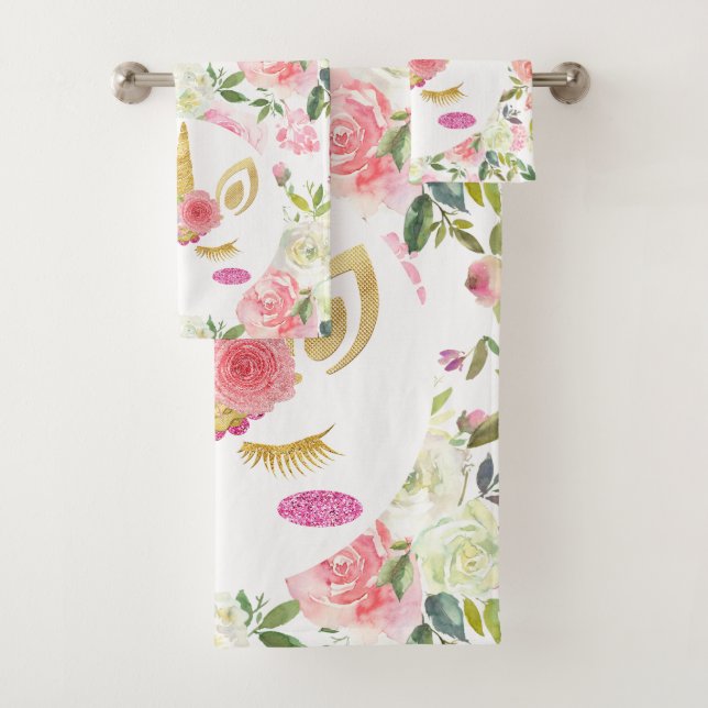Pretty Pink and White Flowers Rainbow Unicorn Bath Towel Set (Insitu)