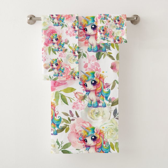 Pretty Pink and White Flowers Rainbow Unicorn Bath Towel Set (Insitu)