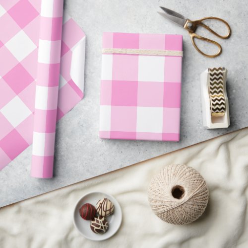 Pretty Pink and White Gingham Big Pattern Wrapping Paper