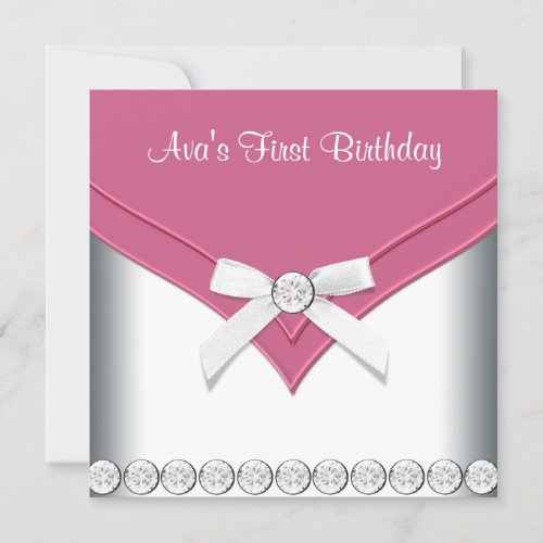 Pink White Girls First Birthday Party Custom Invitations
