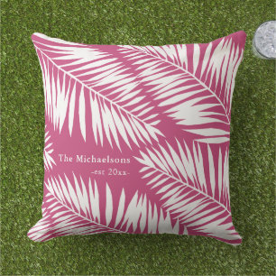 Pretty Pink and White Palms with Family Name Outdoor Pillow