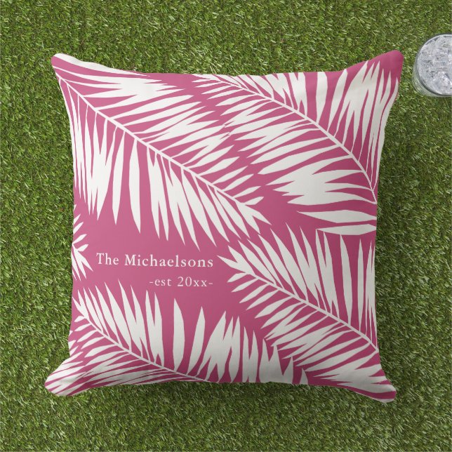 Pretty Pink and White Palms with Family Name Outdoor Pillow (Grass)