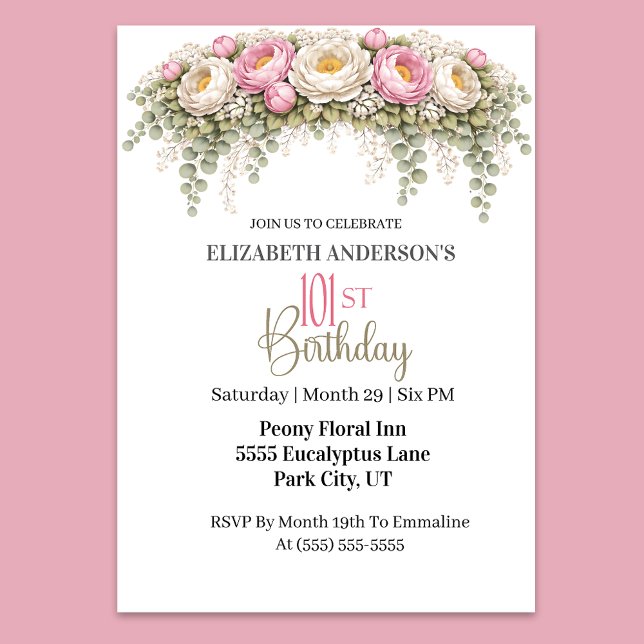 Pretty Pink and White Peony 101st Birthday Invitation (Elegant pink and white peony floral 101st birthday invitation)