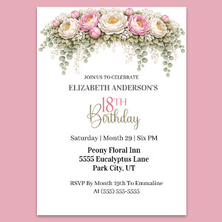 Pretty Pink and White Peony 18th Birthday Invitation