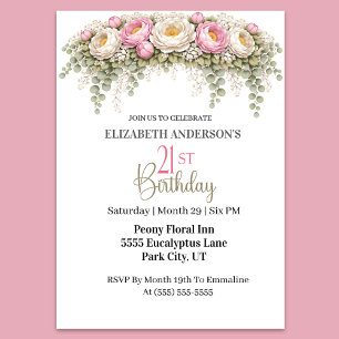 Pretty Pink and White Peony 21st Birthday Invitation