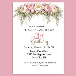 Pretty Pink and White Peony 21st Birthday Invitation