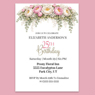 Pretty Pink and White Peony 25th Birthday Invitation