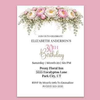 Pretty Pink and White Peony 30th Birthday Invitation